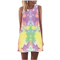 Women’s Summer Sleeveless Tank Dresses Tie dye Print Crewneck Swing Mini Short Sundress Beach Party Dress