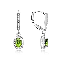 Women's Sterling Silver Dangling Earrings - Oval Shape Gemstone & Diamonds - 6X4MM Birthstone Earrings - Exquisite Color Stone Jewelry