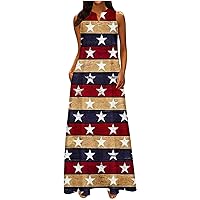 4th of July Distressed Stars Stripes Patriotic Tank Dresses Summer V Neck Sleeveless Trendy Swing Tunic Maxi Dress