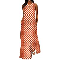Plus Size Summer Dresses Notch V Neck 2024 Tie Dye Floral Maxi Tank Dresses Loose Retro Tshirt Dress with Pockets