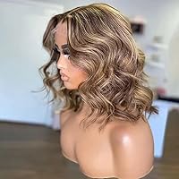 4/27 Highlight Honey Blonde Short Wave Human Hair Glueless Wigs 13X4 HD Invisible Lace Frontal Human Hair Wigs with Baby Hair Bleached Knots Brown Ombre Short Bob Wigs For Woman 150% Density 14Inch