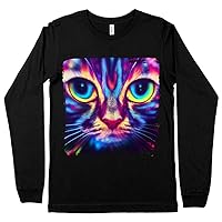 Colorful Animal Long Sleeve T-Shirt - Graphic T-Shirt - Cat Print Long Sleeve Tee Shirt - Black, 2XL