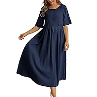 Loose Cotton and Linen Round Neck Five Point Sleeve Midi Dress Large Size Maxi Dress Ladies Denim Dress
