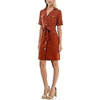 Sharagano Women's Belted Shirtdress with Short Roll Tab Sleeves