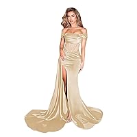 Mermaid Corset Satin Prom Dresses for Women Long Off The Shoulder Evening Formal Gown with Slit