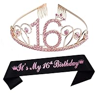 Happy 16th Birthday Tiara and Sash Party Supplies Decorations Glitter Satin Sash and Rose Gold Crystal Princess Crown for Girl 16th Birthday Party