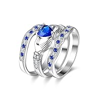 3 Pieces Irish Claddagh Celtic Knot Eternity Design Ring Simulated Sapphire Blue Heart CZ Cubic Zirconia Size 6 7 8 9 HR314