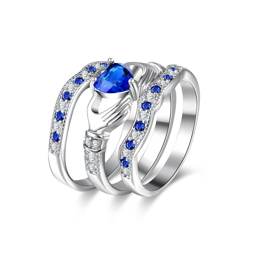 Uloveido 3 Pieces Irish Claddagh Celtic Knot Eternity Design Ring Simulated Sapphire Blue Heart CZ Cubic Zirconia Size 6 7 8 9 HR314