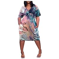 Plus Size Maxi Dress Summer Womens V Neck Short Sleeve Knee Pocket Soild Color Casual Dress