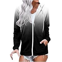 Fall Hoodies for Women Trendy Gradient Color Long Sleeve Hooded Sweatshirts Tops with Pockets Lightweight Casual Jacket