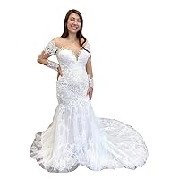 Women's Illusion Mermaid Wedding Dresses for Bride Long Sleeve Train Lace Bride Ball Gowns Plus Size 2023
