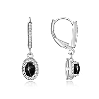 Women's 14K White Gold Dangling Earrings - Oval Shape Gemstone & Diamonds - 6X4MM Birthstone Earrings - Exquisite Color Stone Jewelry