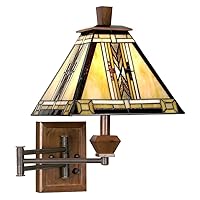 Robert Louis Tiffany Walnut Mission Collection Tiffany Style Swing Arm Wall Lamp Wood Finish Plug-in Light Fixture Dimmable Stained Glass for Bedroom Bedside House Reading Living Room Home Hallway