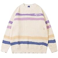 Ripped Striped Sweater Black Beige Loose Knitted Jumper Pullover Sweaters Men Streetwear Hip Hop Knitwear