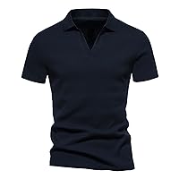 Textured Solid T-Shirt Polyester Pull On V Neck Short Sleeve Shirts Summer Streetwear Stretch Comfortable Tops