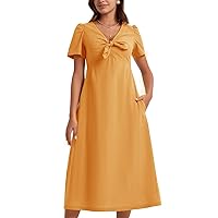 ALLOVIN Women's Casual Dresses Short Sleeve V-Neck High Waist Tie Front A-line Midi Cotton Dress with Pockets