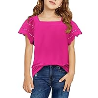 Girls Casual Shirts Square Neck Ruffle Sleeve Tops Solid Loose Blouses 5-14 Years
