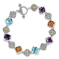 925 Sterling Silver Bezel Polished Toggle Closure With 14k 20.35Multi Gemstone 8.25inch Bracelet Measures 10mm Wide Jewelry for Women