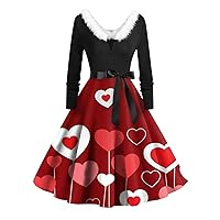 Women's Red Valentines Dress Casual and Fashionable Long Sleeved V-Neck Valentine's Day Print Matching Dress, S-2XL