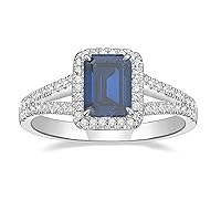 10K 14K 18K Gold Natural Diamond Sapphire Engagement Ring for Women Emerald Cut Blue Sapphire Diamond Rings Sapphire Diamond Halo Ring Christmas Gift for Wife Family