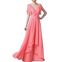 BONBETEA Line Chiffon Floor Length Coral Color Long Bridesmaid Dresses Wedding Party Dress