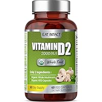 Organic Vegan Whole Food Vitamin D2, 2000 IU (50 mcg), Two Ingredients (Organic Whole Mushroom and Organic Vegan Capsule), Non-GMO, Support Strong Bone and Immune Health, 60 Day Supply