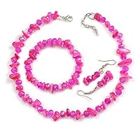 Fuchsia Glass/Deep Pink Shell Necklace/Flex Bracelet (Size M) / Drop Earrings Set - 40cm L/5cm Ext