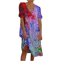 Women's Casual Loose-Fitting Summer V-Neck Trendy Glamorous Dress Beach Print Flowy Short Sleeve Knee Length Swing Purple