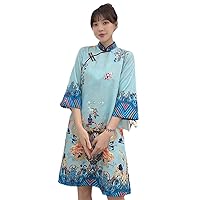 Ins Red Blue Loose Modern Chinese Cheongsam A-line Dress Women 3/4 Sleeve Qipao Traditional Clothes