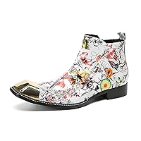 Casual Gold Metal Square Toe Leather Chelsea Boot Flowers Graffiti Fashion Comfort Dress Chukka Boots For Men