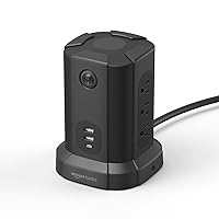 Amazon Basics Rectangular Power Strip Tower Surge Protector 1080J, 9 Outlet, USB-C, 2 USB-A Port, 15A, 6ft Cord, Black