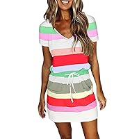 Womens Summer Dresses 2024 Drawstring Waist Tropical Beach Casual V Neck Dress Front Pockets Spaghetti Strap Sundress