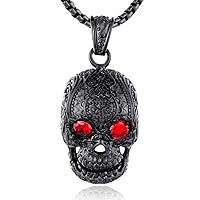 Punk Rock Stainless Steel Red-Eyed Skull Pendant Necklace for Men Women, Silver/Gold, 24 inches Chain