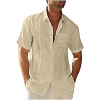 Mens Cotton Linen Shirts Summer Short Sleeve Solid Color Loose Casual Comfy Turndown Collar Button-Down Shirt for Men