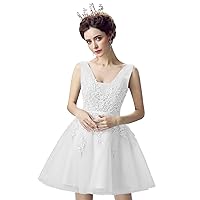 Women's Sleeveless Tulle Short Homecoming Dresses Lace Applique V Neck Bridesmaid Party Dress White