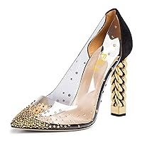 FSJ Women Golden Block High Heel Clear Pump Pointed Toe Slip On Fashion Dress Party Evening Ladies Shoes