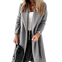 Womens Classic Coat Lapel Collar Open Front Belted Long Jacket