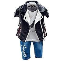 Yao 6M-5T Spring Autumn Little Boys Clothing Set 3pcs Long Sleeve T-Shirt Leather Jacket and Jeans