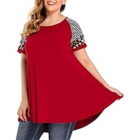 MONNURO Plus Size Tunics Leopard Print Tops For Women Casual Short Sleeve Striped Shirt Loose Fit(Red,4X)