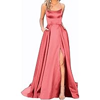 Women's Satin Prom Dresses Long Ball Gown with Slit Backless Spaghetti Straps Halter Formal Evening Party Dress (Coral,16 Plus,US,Numeric,16,Regular,Regular)