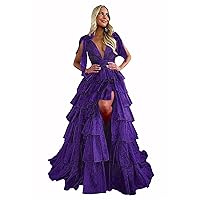 ZHengquan Women's Ruffle Tiered Tulle Prom Dress V Neck Layered Formal Evening Dresses with Slit Long Ruched Ball Gown