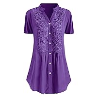 Women Loose Lace Button Down Shirts V Neck Tunic Tops Solid Short Sleeve Blouses Summer Casual Work T Shirt Tunics