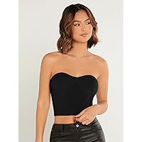 Women's Knitted Tops Solid Crop Tube Top Knitted Tops (Color : Black, Size : Medium)