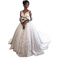 Women's Sequins Lace Bridal Ball Gowns with Train Wedding Dresses for Bride Long Sleeve Crewneck