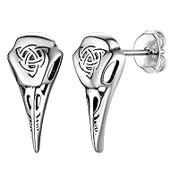 Suplight 925 Sterling Silver Raven Skull Earrings Vintage Punk Gothic Norse Viking Crow Head Bird Skull Stud Earrings for Men Women