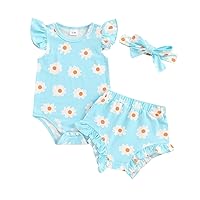 Newborn Baby Girl Summer Clothes 2 Piece Fly Sleeve Romper Bloomer Shorts Set With Headband Cute Floral Outfit