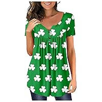 Tunics or Tops to Wear with Leggings St Patricks Day Dressy Button V Neck Short Sleeve Holiday T Shirts Loose Blouses