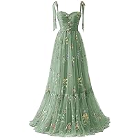 Wchecalino Women's Flower Embroidery Tulle Prom Dresses 2024 Long Spaghetti Straps Evening Party Gowns