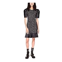 Michael Kors Womens Black Zippered Faux Leather Unlined Paisley Pouf Sleeve Round Neck Above The Knee Cocktail Sheath Dress M