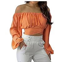 Women's Sexy Off Shoulder Crop Tops, Fall Fashion Floral Print Blouses Ladies Strapless Lantern Long Sleeve Tube Tops